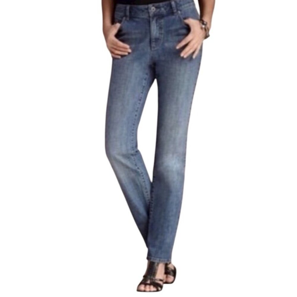 Chicos Platinum Straight Leg Medium Wash Stretch Denim Blue Jeans Size 1.5 (10)